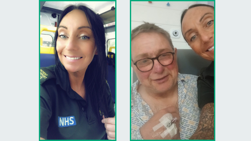 Left, ambulance care assistant Gina in NWAS uniform smiling to camera. Right, Gina with patient Karl in hospital.