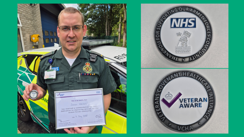 Male paramedic Simon Walton in green NWAS paramedic uniform, stood in front of an emergency vehicle and holding his Veterans Covenant Healthcare Alliance (VCHA) coin and certificate.