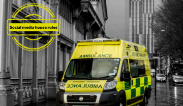 Social media house rules - image displays a black and white picture of Manchester with the ambulance still in vivid yellow.