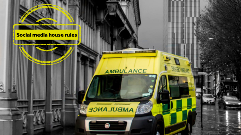 Social media house rules - image displays a black and white picture of Manchester with the ambulance still in vivid yellow.