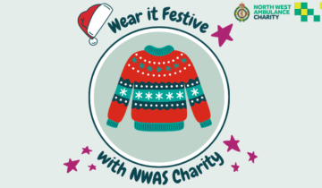 graphic of a christmas jumper and santa hat, with the text "wear it festive with NWAS charity"