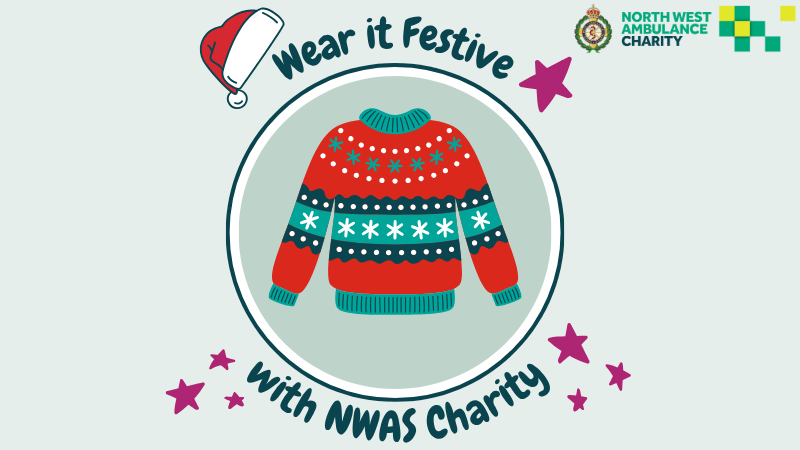 graphic of a christmas jumper and santa hat, with the text "wear it festive with NWAS charity"