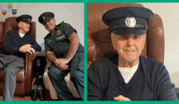 Collage. Left image shows 99 year old Stephen sat wearing his Lancashire ambulance service camp given to him by Urgent Care Assistant Peter Kemp, right, who is dressed in ambulance uniform and wearing his own camp. Right photo shows a close-up of Stephen wearing the cap.