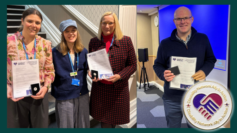 Image is a collage of two images. Left: Natalie Samuels (left) and Carolyn Wood (right) stood either side of Francesca Balon with their Ally in Action pin badges. Right: Dr Tim Smith stood with his.