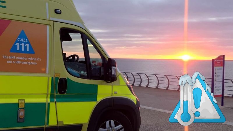 Ambulance facing a sea with a sunset. There is an icy warning sign overlay and a thermometer indicating old weather.
