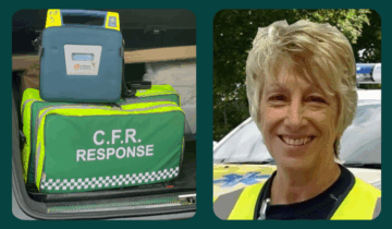 Two images showing a Community First Responder response bag with defibrillator equipment and a portrait of Dawn Taylor wearing a high-visibility vest, smiling in front of an emergency vehicle.