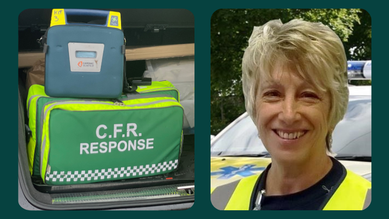 Two images showing a Community First Responder response bag with defibrillator equipment and a portrait of Dawn Taylor wearing a high-visibility vest, smiling in front of an emergency vehicle.