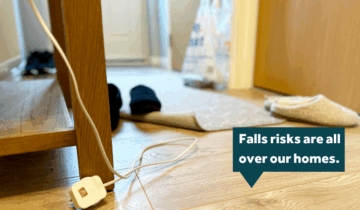 A hallway showing lots of clutter on the floor with text that reads: Falls risks are all over our homes