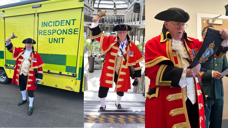 Three images of a town crier in traditional red and gold regalia. From left to right: standing in front of an Incident Response Unit vehicle, ringing a bell in a shopping centre, and reading from a scroll in an indoor event.
