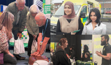 A collage of people engaging at an event.