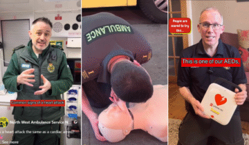 A collage of screenshots from our educational videos featuring three male colleagues. The first is a paramedic in green stood in the back of an ambulance. The second photo is of a male bent over a manikin performing CPR. The third photo is of a CFR holding a defibrillator.