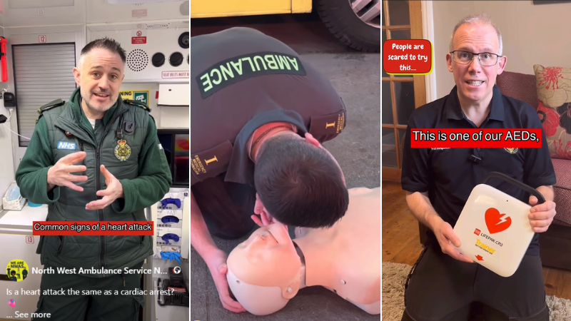 A collage of screenshots from our educational videos featuring three male colleagues. The first is a paramedic in green stood in the back of an ambulance. The second photo is of a male bent over a manikin performing CPR. The third photo is of a CFR holding a defibrillator.