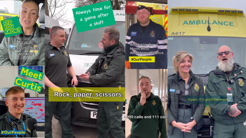 This image is a collage depicting various people working in NWAS. The collage includes references to the NHS, with backgrounds showing ambulance exteriors and people in uniform.
