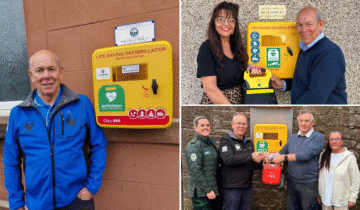 collage of photos of people standing next to defibrillators