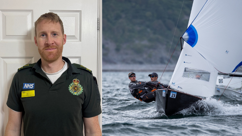 Left: Phil stands in his uniform by a white door. Right: A sailboat with two individuals is navigating through water. Both are wearing jackets, sunglasses, and caps. The sail has a blue stripe and the number 23 is visible on the boat. The background shows blurred greenery.