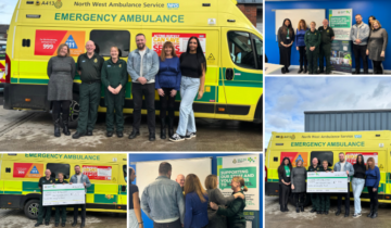 collage of people standing in front of an ambulance smiling at the camera