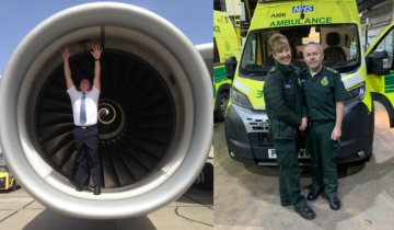 Left: A person in a uniform is standing inside the engine of a large aeroplane with arms raised. The background shows a clear sky and airport ground equipment. Right: Ambulance crewmates in uniform stand in front of a parked ambulance inside a garage.