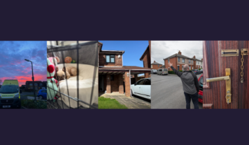 A collage of five images: a parked ambulance vehicle at sunset, a dog sleeping in a cage with a toy, a suburban house with an open garage, a person pointing down a street, and a close-up of a door with a chain lock.