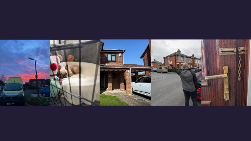 A collage of five images: a parked ambulance vehicle at sunset, a dog sleeping in a cage with a toy, a suburban house with an open garage, a person pointing down a street, and a close-up of a door with a chain lock.