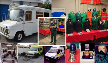 Collection of ambulance museum artefacts with curator Glyn central.