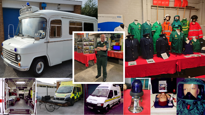 Collection of ambulance museum artefacts with curator Glyn central.