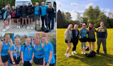 collage of photos of a group of staff smiling at the camera wearing walking gear