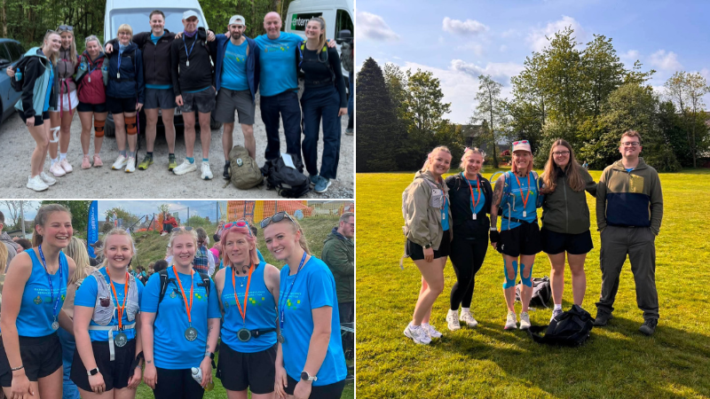 collage of photos of a group of staff smiling at the camera wearing walking gear