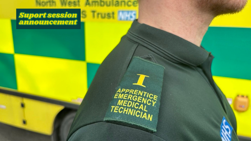 The image shows a close-up of a uniformed shoulder with a patch that reads "Apprentice Emergency Medical Technician." The background includes a blurred NHS logo on a vehicle.