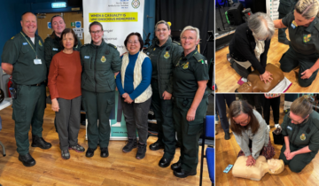 A collage of photos of our CREOs stood with Chinese community members and two photos of them showing two members how to perform CPR on a training dummy.