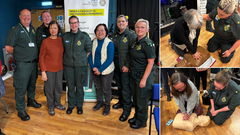 A collage of photos of our CREOs stood with Chinese community members and two photos of them showing two members how to perform CPR on a training dummy.
