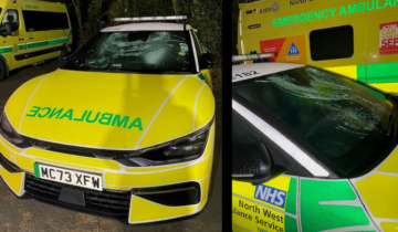 Two images of a vandalised RV. One front on with a smashed windscreen. Second photo of a side profile of the damaged window.