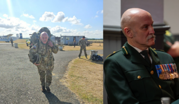 two images of Matt. The left he is in camouflage attire carrying a backpack. The right image he is sat in green formal uniform with his medals on display.