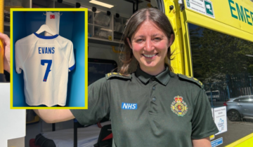 Senior Paramedic Danielle Evans and insert of her England Football shirt with the number 7 on the back and 'Evans'
