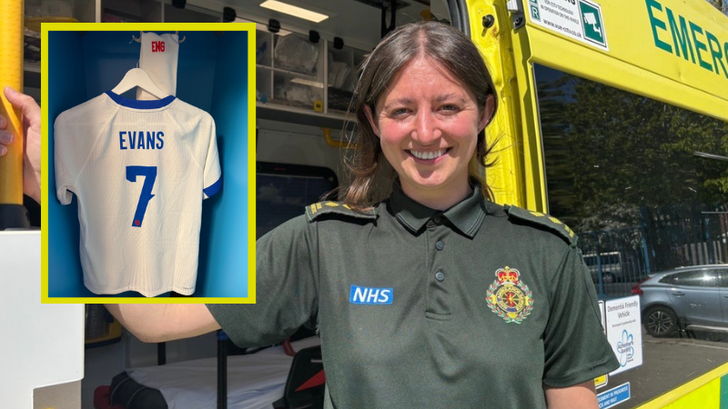 Senior Paramedic Danielle Evans and insert of her England Football shirt with the number 7 on the back and 'Evans'