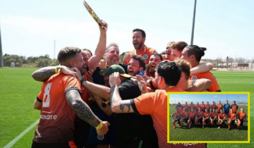 two images: first photo of a group of people jumping and hugging holding a trophy. second image a group photo of them on the pitch
