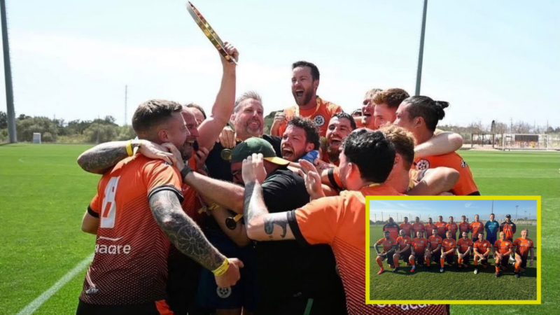 two images: first photo of a group of people jumping and hugging holding a trophy. second image a group photo of them on the pitch