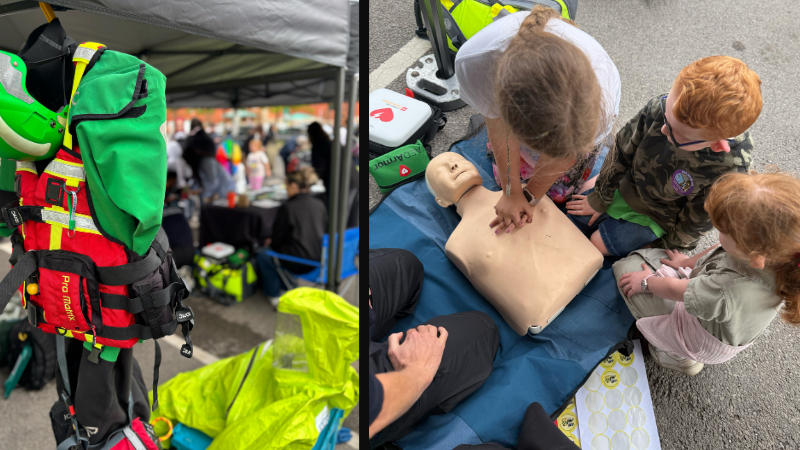 Split screen of uniform and equipment hanging up (left) and children learning CRP sat around a manikin.