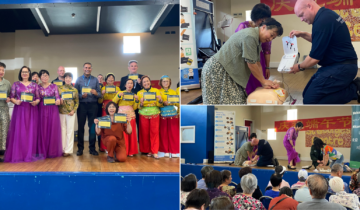 an image split into three. left image a group of Chinese attendees posing for a photo. The other two photos are of CPR demonstrations