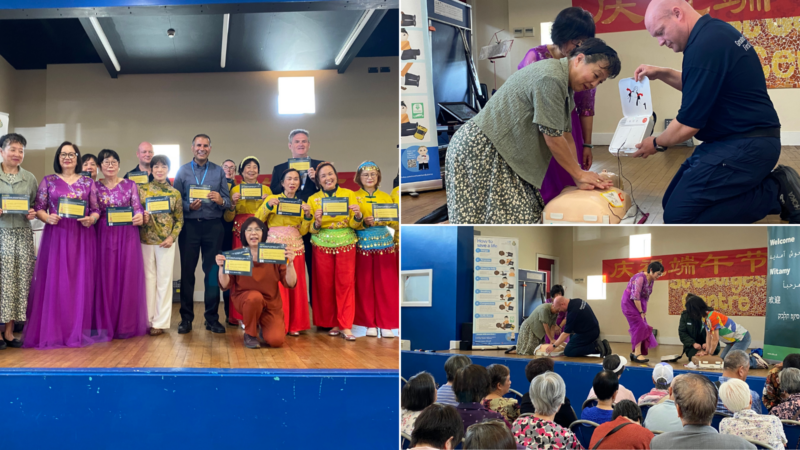an image split into three. left image a group of Chinese attendees posing for a photo. The other two photos are of CPR demonstrations
