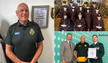 image split into three. Left is Graham now, smiling infront of his framed 40 years service certificate. Top right is when he first joined sat with his cohort. and bottom right is receiving his long service.