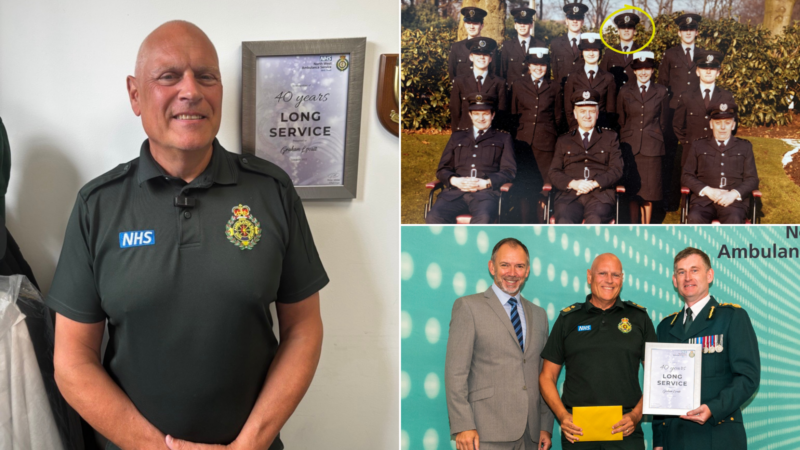 image split into three. Left is Graham now, smiling infront of his framed 40 years service certificate. Top right is when he first joined sat with his cohort. and bottom right is receiving his long service.