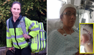 three photos. Far left Sara in her CFR high-vis uniform and a kit bag. Right photo Sara in a hospital bed with a bandage round her head and tubes coming out of her chest. Bottom right photo is of her incision, a c shape around her ear on her head.