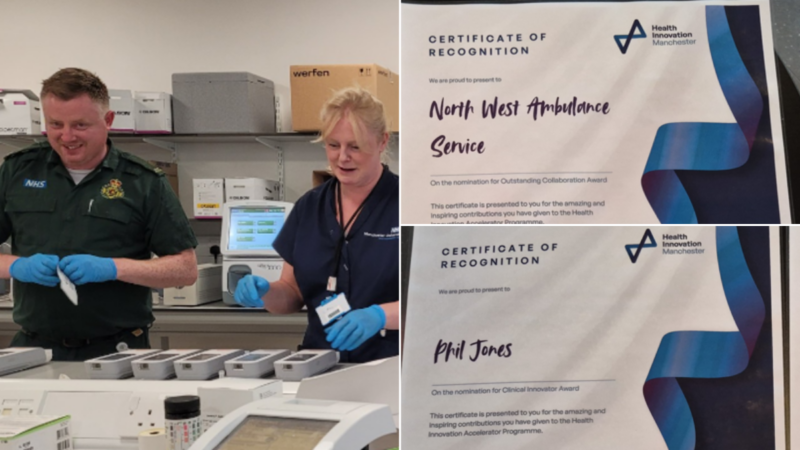 a photo split in three. Left, a photo of Phil and a female wearing clinical gloves sorrounded by medical equipment. right photos: certificates for NWAS and Phil recognising their nomination