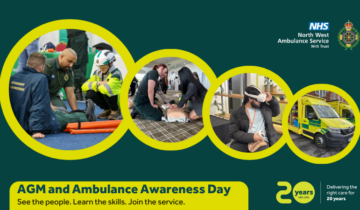 AGM and Ambulance Awareness Day, circles with images of staff engaged with members of the public at an event.