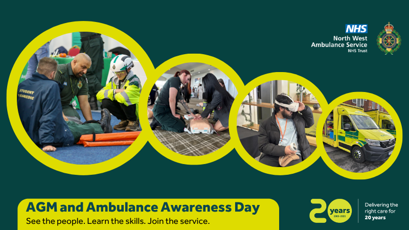 AGM and Ambulance Awareness Day, circles with images of staff engaged with members of the public at an event.
