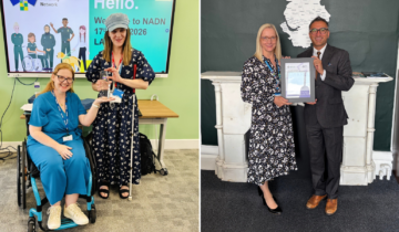 Two photos. Left photo: two women holding a glass award. One is in a wheelchair, the other is stood next to them holding a walking cane. Right photo: A woman and man holding a framed photo.