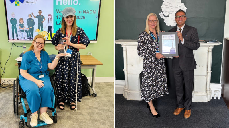 Two photos. Left photo: two women holding a glass award. One is in a wheelchair, the other is stood next to them holding a walking cane. Right photo: A woman and man holding a framed photo.