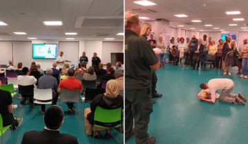 two images. Far left: a photo of a room of people watching a presentation with three NWAs staff members stood at the front by the screen. Right: People stood round a person on the floor giving CPR to a dummy.