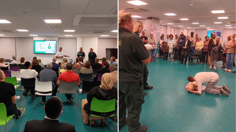two images. Far left: a photo of a room of people watching a presentation with three NWAs staff members stood at the front by the screen. Right: People stood round a person on the floor giving CPR to a dummy.