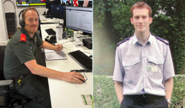 two photos: left a man sat at a desk with a headset on. Right: the same man but 25 years ago in an old NWAs uniform stood outside
